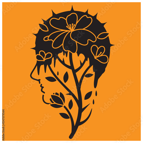 Artistic illustration depicting floral growth within a human silhouette on an orange background