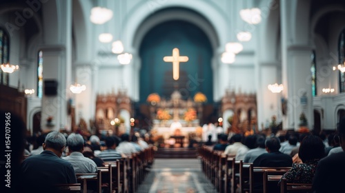 Blurred church interior focusing on the altar with a large cross, surrounded by seated congregation during a religious service