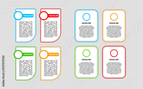 Infographic business promotion eight colorful headline templates with text for impactful marketing.