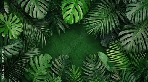 Lush Tropical Green Leaves Frame with a Center Space for Text or Design Elements in a Nature-Inspired Background