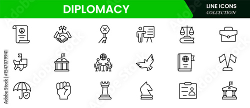 Sophisticated vector web line icons depicting diplomacy, negotiations, international relations, treaties, and global cooperation for peaceful diplomatic engagement.