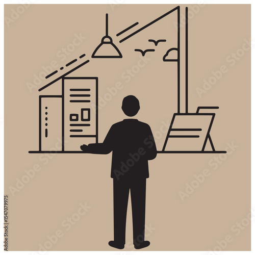 Business presentation illustration with a presenter demonstrating in front of buildings and a display
