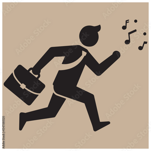 Businessman running with briefcase and musical notes representing success and progress
