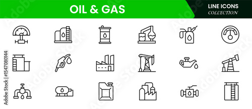 Robust vector web line icons depicting oil and gas, drilling, pipelines, refineries, and energy production for industrial operations.