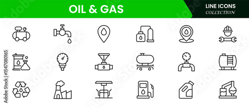 Robust vector web line icons depicting oil and gas, drilling, pipelines, refineries, and energy production for industrial operations.