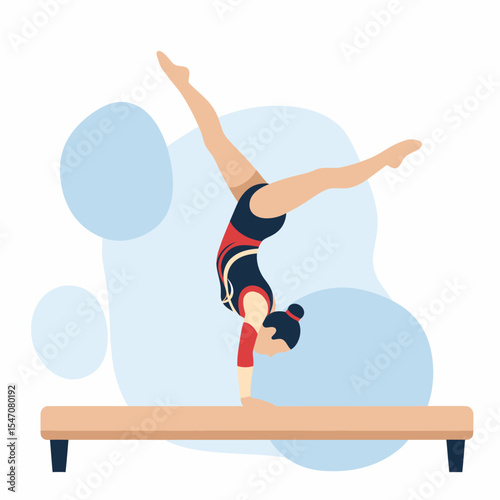 Female Gymnast Performing Handstand Balance Beam Exercise Routine