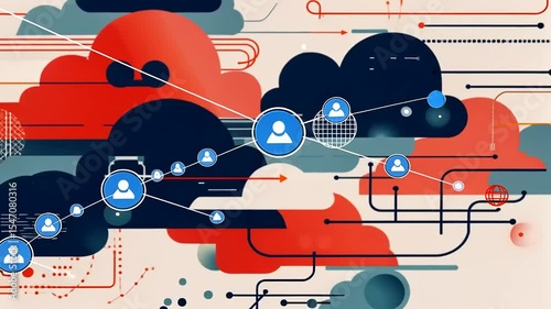 Abstract digital network illustration depicting connections among users with vibrant cloud background