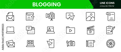 Engaging vector web line icons depicting blogging, content creation, posts, comments, and digital storytelling for vibrant online engagement.
