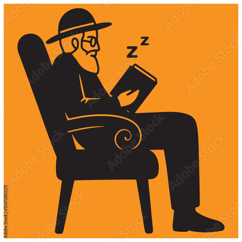 Elderly man reading a book in a comfortable armchair falls asleep with zzz above him