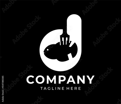 Food logo design that combines the letter d with a fish and a fork, using the color white.