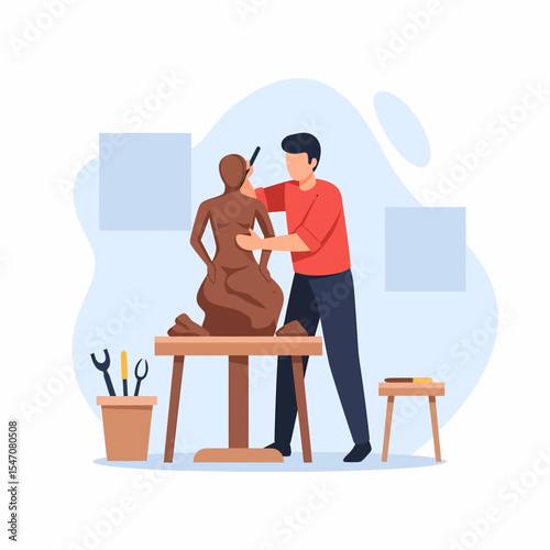 Sculptor Crafting Clay Figurine with Tools Art and Creation