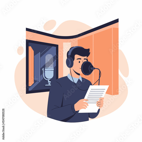 Male Voiceover Artist Recording Audio Using Studio Microphone in Soundproof Booth