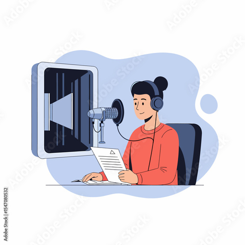Girl Records Voiceover in Professional Recording Studio Booth