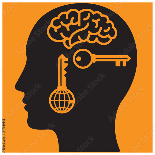 Illustration of brain power with global key concept representing idea and innovation