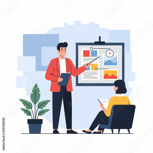 Presentation Illustration with Speaker and Listener at the Board