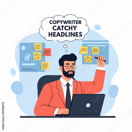 Creative Copywriter Generating Catchy Headlines Ideas at Desk Concept