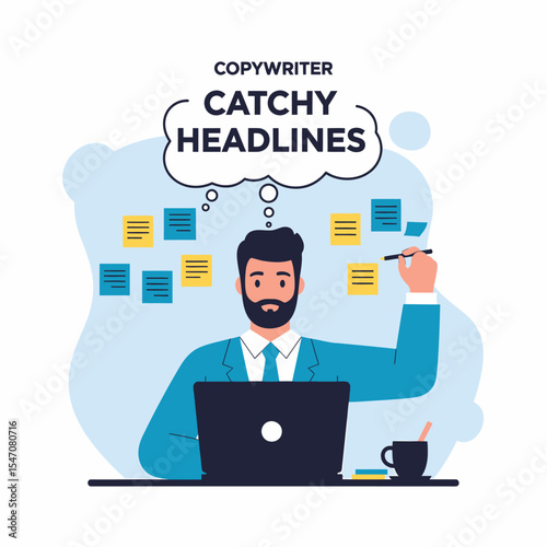 Copywriter Generating Catchy Headlines for Digital Marketing Success Illustration