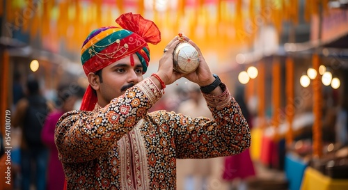 Indian man in traditional attire performing a religious ritual.