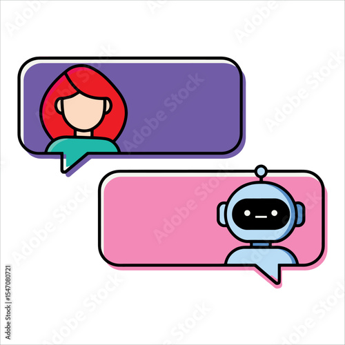 Playful AI assistant chatting with woman on smartphone screen, vector illustration. Cute cartoon character isolated on white background, ideal for chatbot services and digital communication concepts.