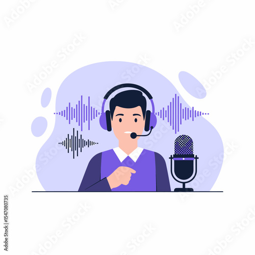 Podcast Host with Microphone Broadcasting Audio Waveform Recording Session