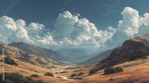 Expansive mountain valley under a vast cloudy sky.
