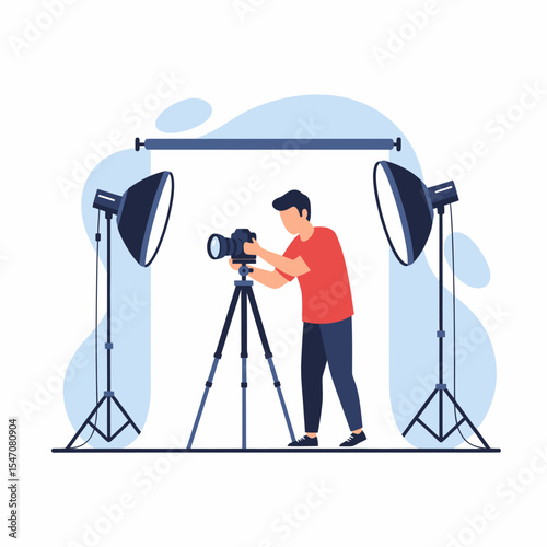 Photographer Shooting Portrait in Studio with Professional Lighting Equipment