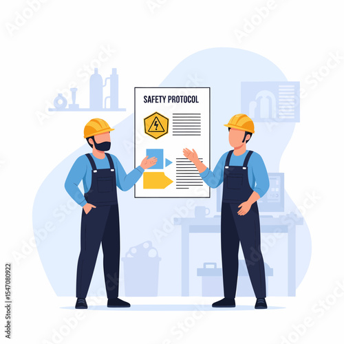 Two Workers Discussing Safety Protocol On Workplace Instruction For Accident Prevention