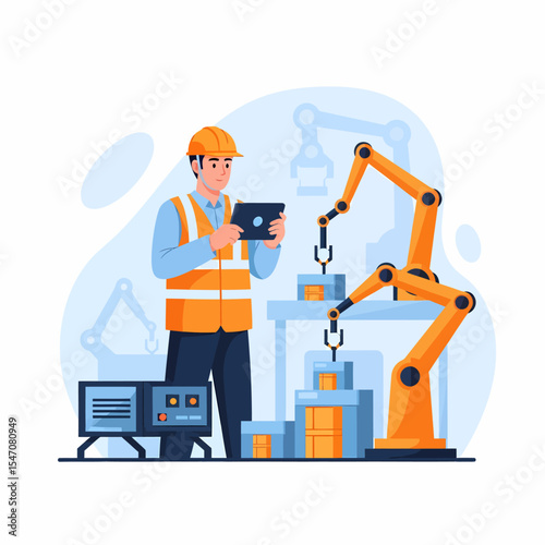 Engineer Using Tablet Inspecting Robotic Arm Assembling Factory Products