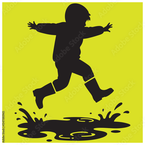 Silhouette of a child jumping in a puddle with rubber boots in a playful illustration