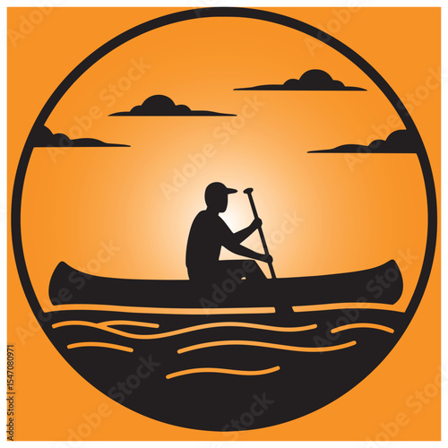 Silhouette of a canoeist paddling on a lake within a circular orange sunset frame