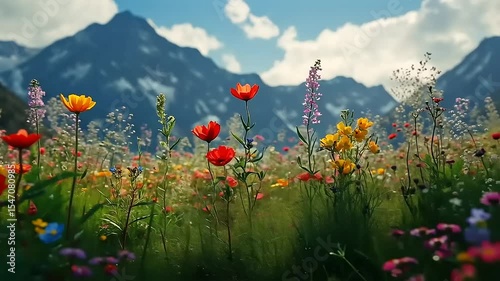 Vibrant wildflower meadow in the mountains with colorful blooms under a bright blue sky
