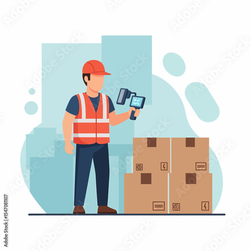 Delivery Person Scanning Boxes in Warehouse with Handheld Scanner