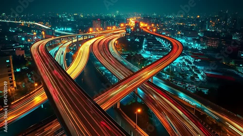 Nighttime cityscape showcasing illuminated highways and overpasses bustling with traffic and lights