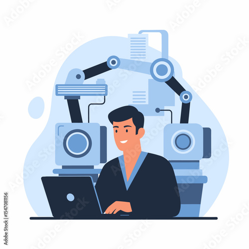 Man Working with Robotic Automation: Future of Technology and AI