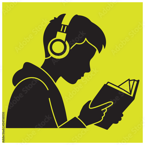 Silhouette of a person reading a book wearing headphones on a neon green background