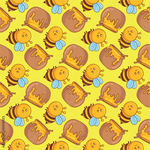 Seamless pattern with bees and honeycombs. Vector illustration.