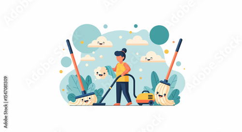 Woman Cleaning Home Using Vacuum Cleaner and Mop with Happy Faces