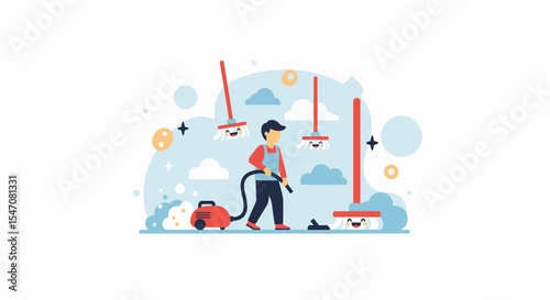 Illustrative scene showing the cleaner work with happy broom and vacuum