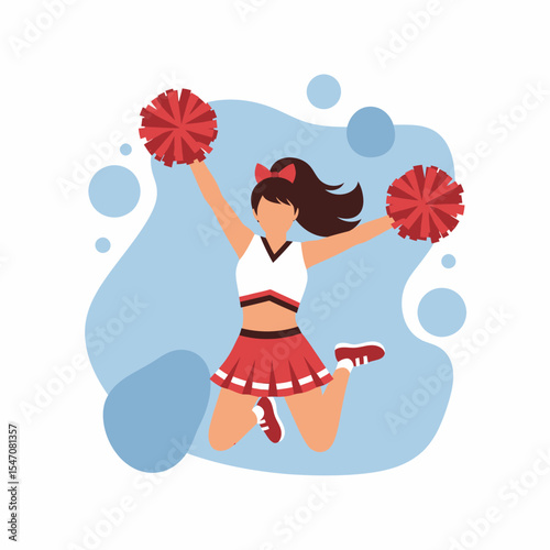 Enthusiastic Cheerleader Jumping with Red Pom-poms and Uniform