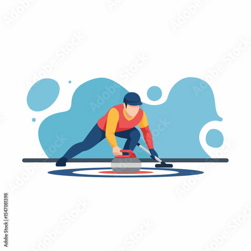 Curling Player Sweeping Granite Stone on Ice Sport