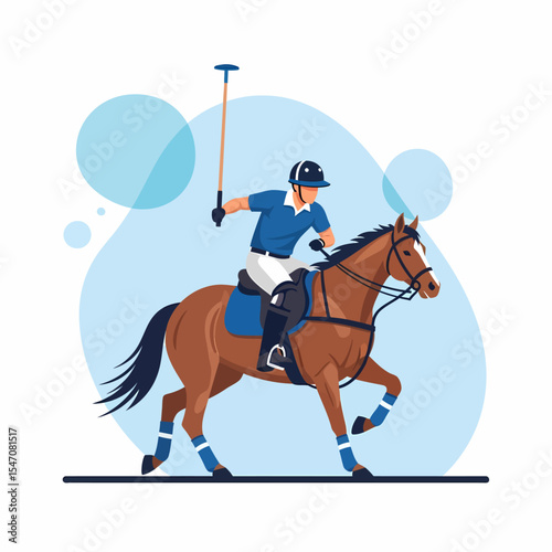 Equestrian Sport Illustration Polo Player and Brown Horse Action Shot