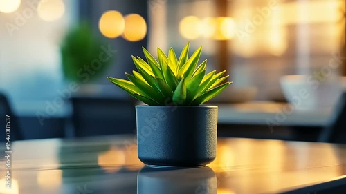 A vibrant green succulent plant in a modern office setting, with soft lighting and a blurred background