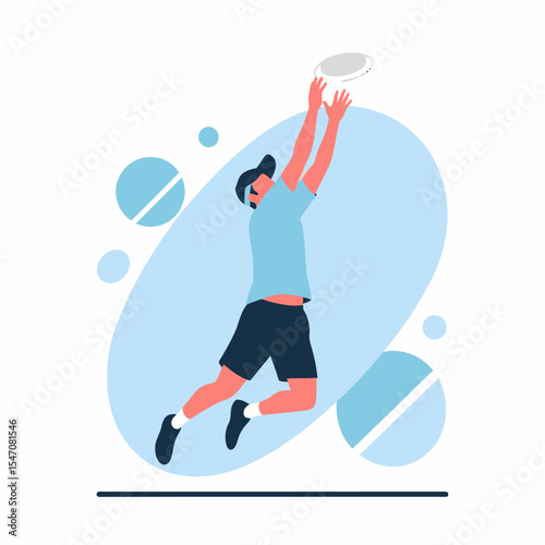 Man Catching Flying Disc with Athletic Jump Vector Illustration