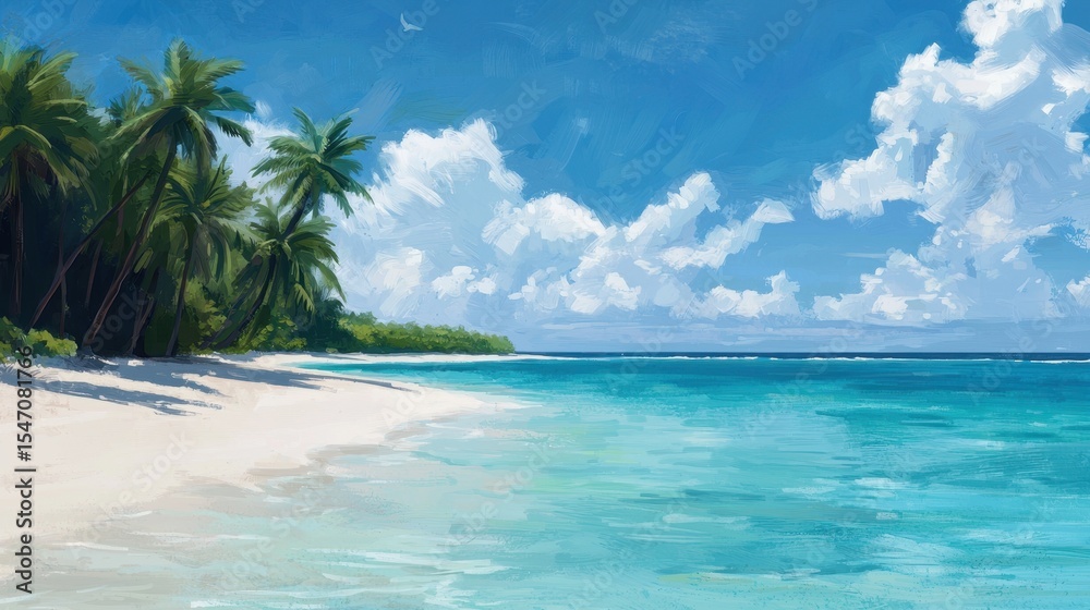 Fototapeta premium Serene Tropical Beach Scene with Palm Trees and Clear Blue Sky and Ocean Waves Under Bright Sunshine