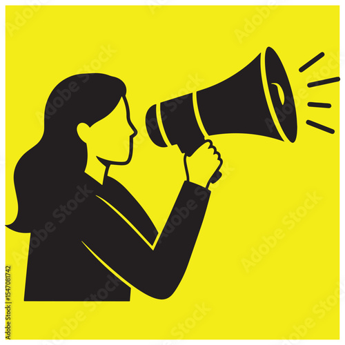 Silhouette of a woman with megaphone announcing loudly on a bright yellow background