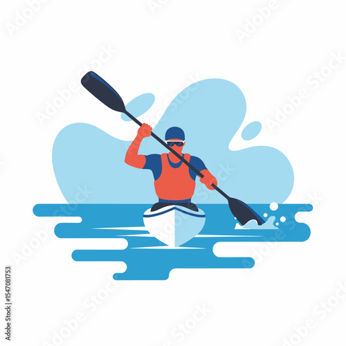 Man Kayaking with Paddle on Water Flat Vector Illustration