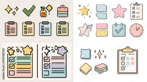 Cute pastel hand-drawn planner and checklist icons including clipboards, sticky notes, stars, and labels. Perfect for journaling, productivity apps, and school-themed designs.