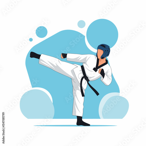Taekwondo Fighter Executes High Kick Stance in Traditional White Uniform Style