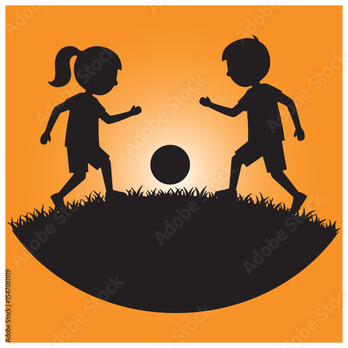 Silhouetted children playing soccer on a hill with an orange sunset background