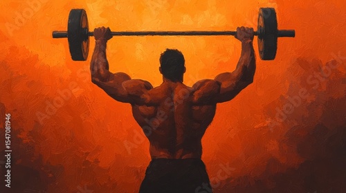 Strong Man Lifting Barbell in Dramatic Orange Background, Fitness and Strength Concept